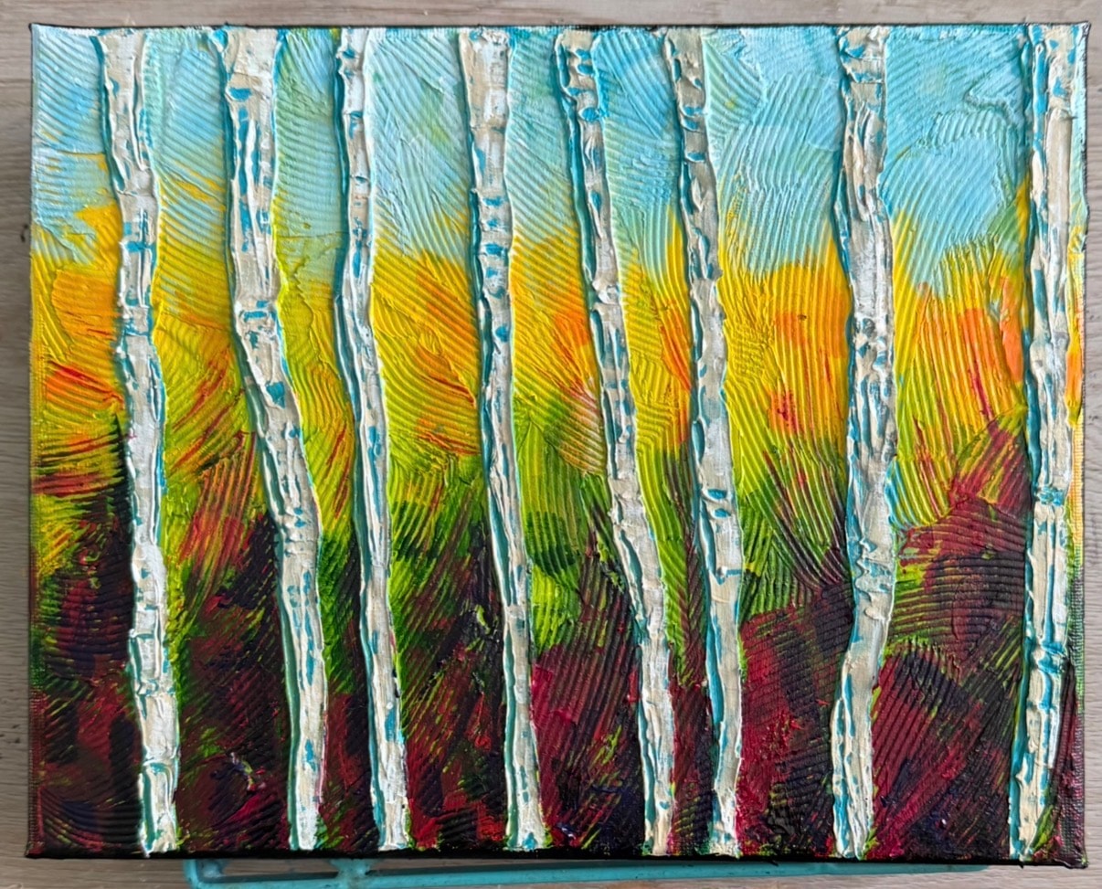 Birch Grove at Peak Color — original 8x10 caulk art painting by Jay the Painter, Akron Ohio. White birch trees with 3D caulk texture, autumn colors from sky blue to deep burgundy.