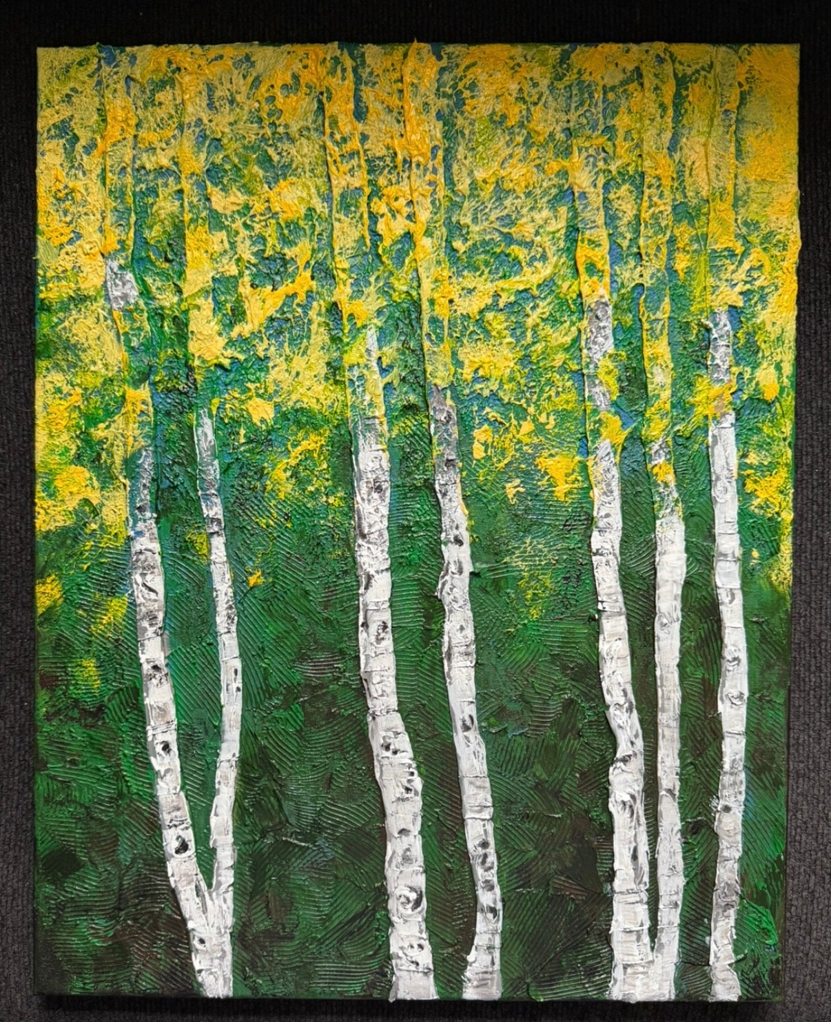 Birch Forest in Autumn — original 14x18 caulk art painting by Jay the Painter, Akron Ohio. White birch trees with gold and green textured foliage, 3D caulk texture technique.