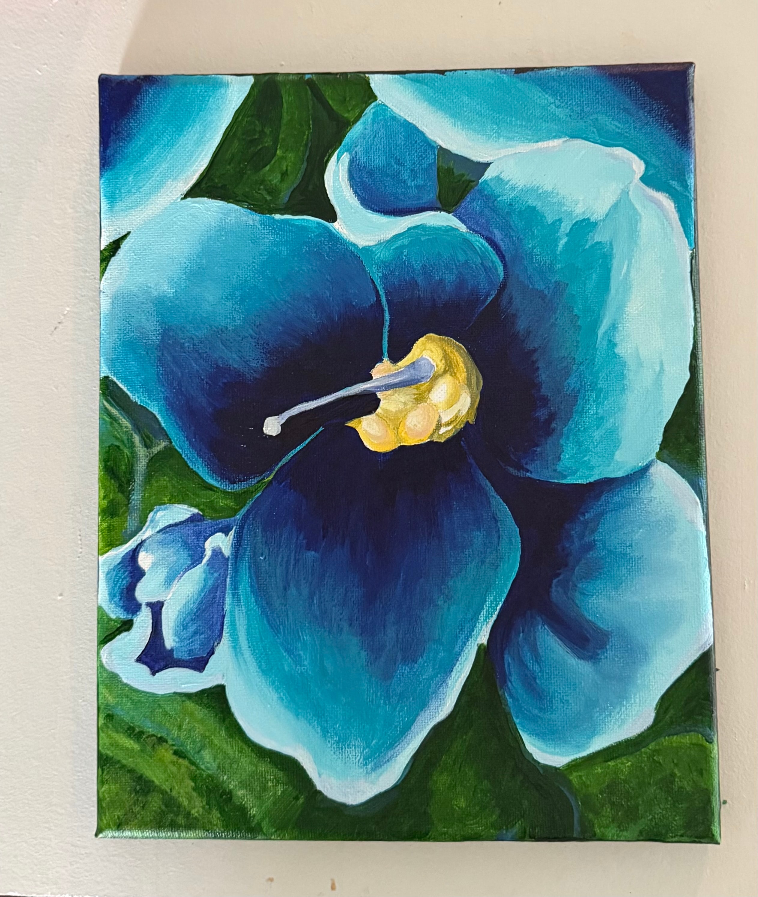 Blue Flower Close-Up — original 8x10 acrylic painting by Jay the Painter, Akron Ohio. Deep navy to sky blue flower petals with golden center, close-up floral original art.