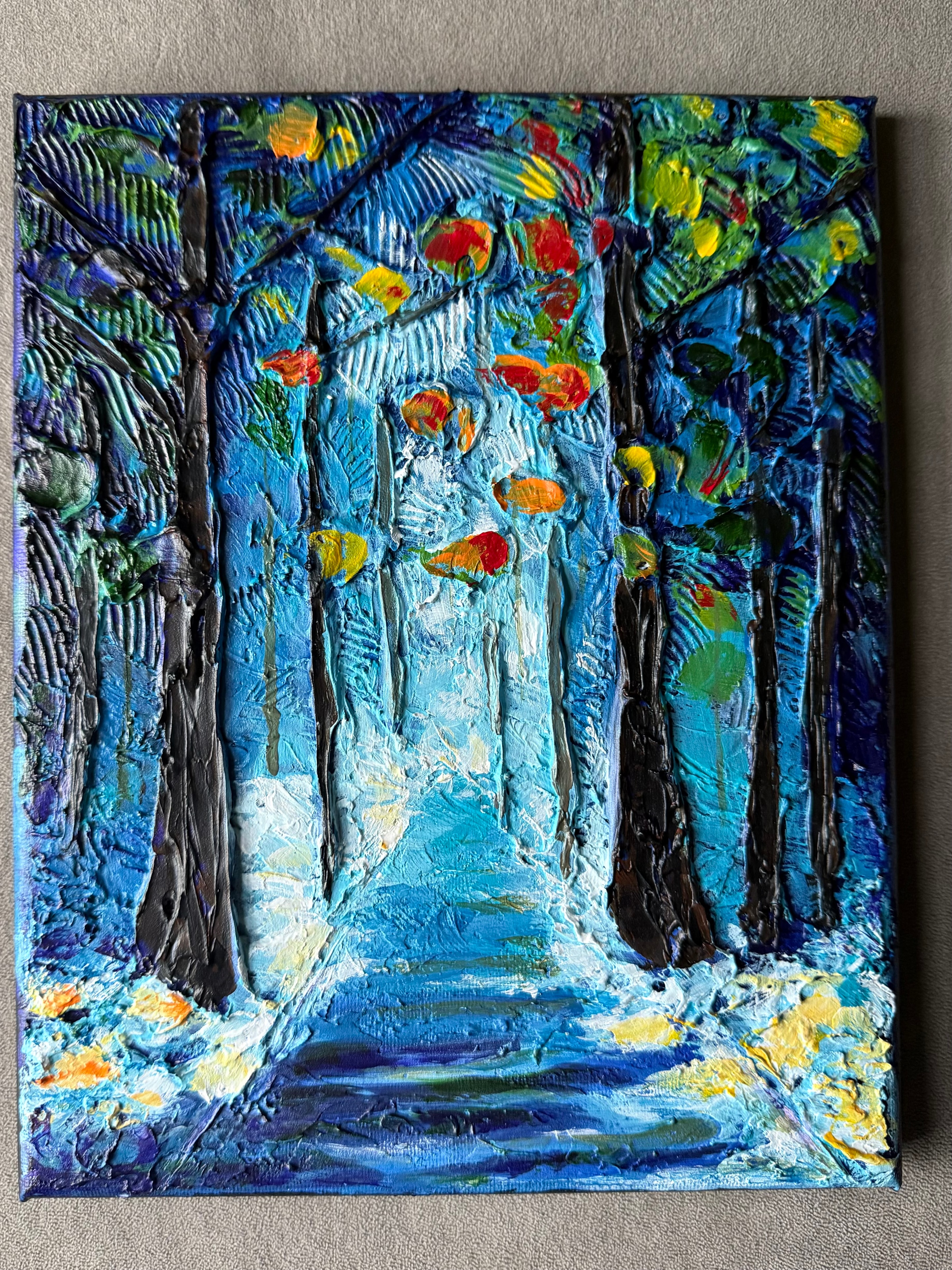 Blue Forest Path — original 8x10 acrylic painting by Jay the Painter, Akron Ohio. Glowing blue path through dark trees with red orange yellow autumn leaves, caulk texture.