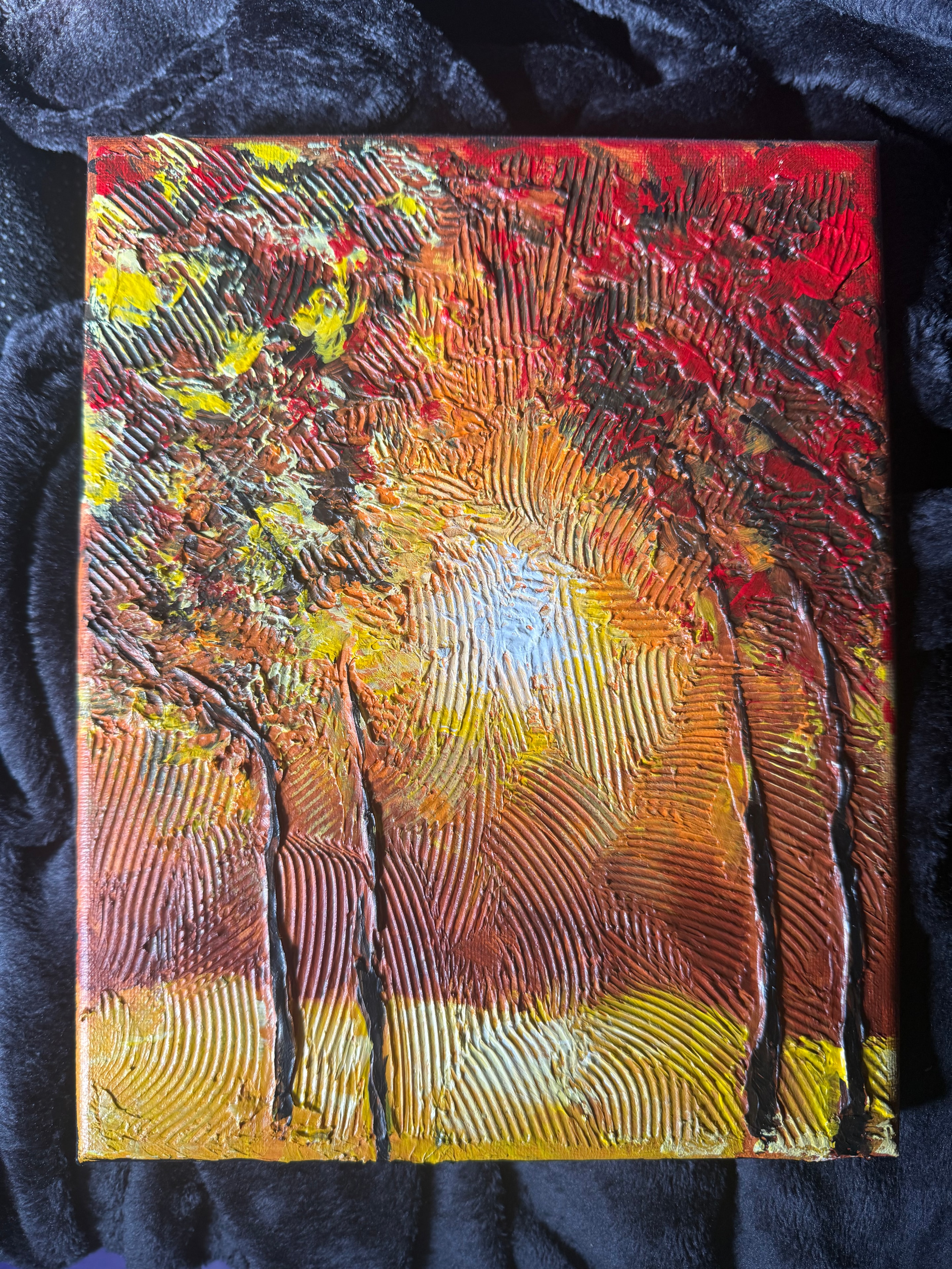 Ember Terrain — original 8x10 inch caulk art abstract painting by Jay the Painter, Akron Ohio. Thousands of fine parallel caulk ridges in deep red burnt orange gold and yellow with glowing white-blue core at center, heavy 3D caulk texture technique.