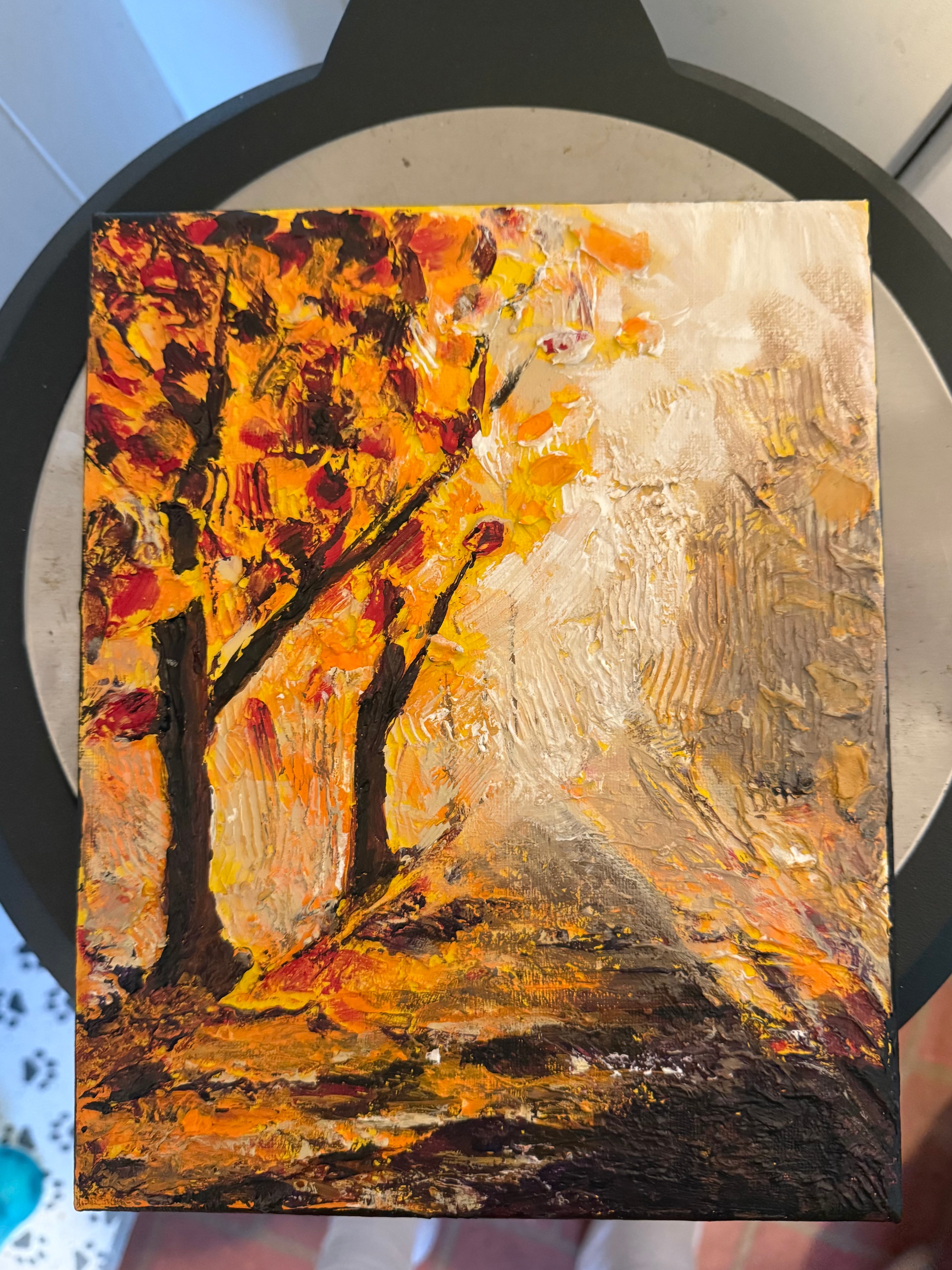 Fall Pathway — original 8x10 inch caulk texture landscape painting by Jay the Painter, Akron Ohio. Two autumn trees in gold red and orange over a misty pathway, massive raised caulk texture technique. SOLD.