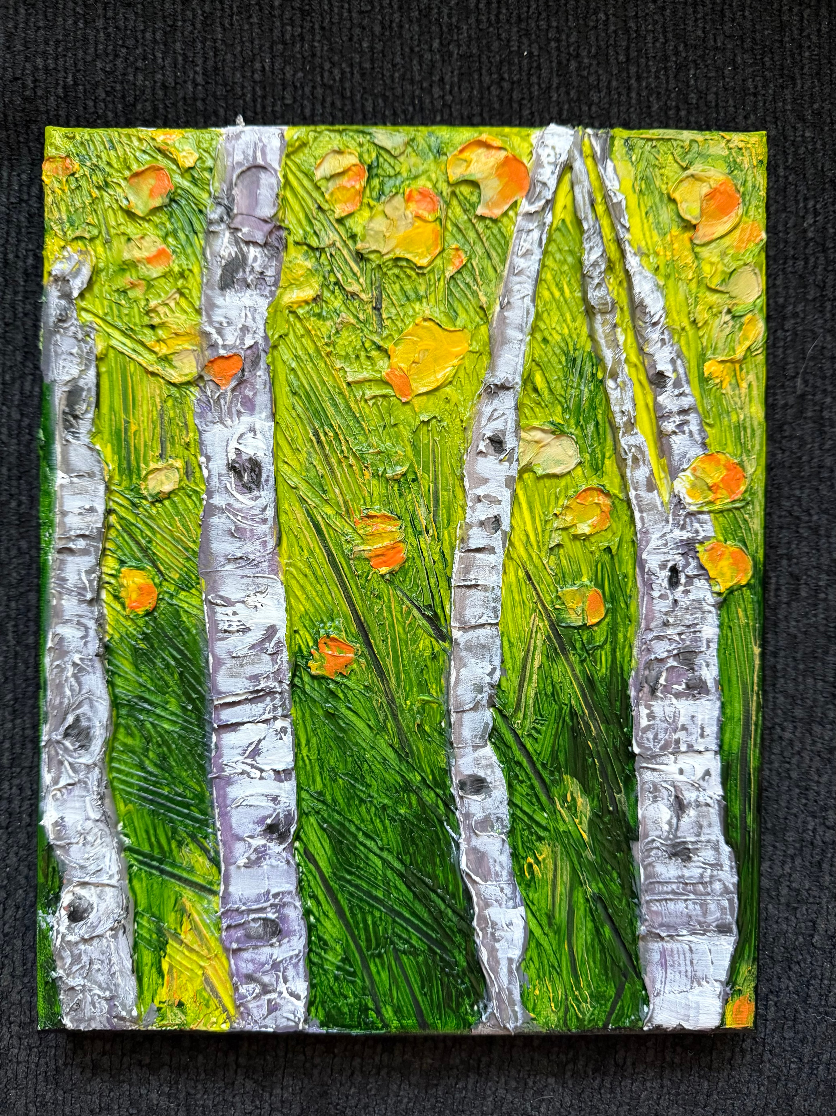 Five Birch Trees — original 8x10 inch painting by Jay the Painter, Akron Ohio. Five tall birch trunks rising through a richly textured forest scene with dimensional caulk texture technique. SOLD.