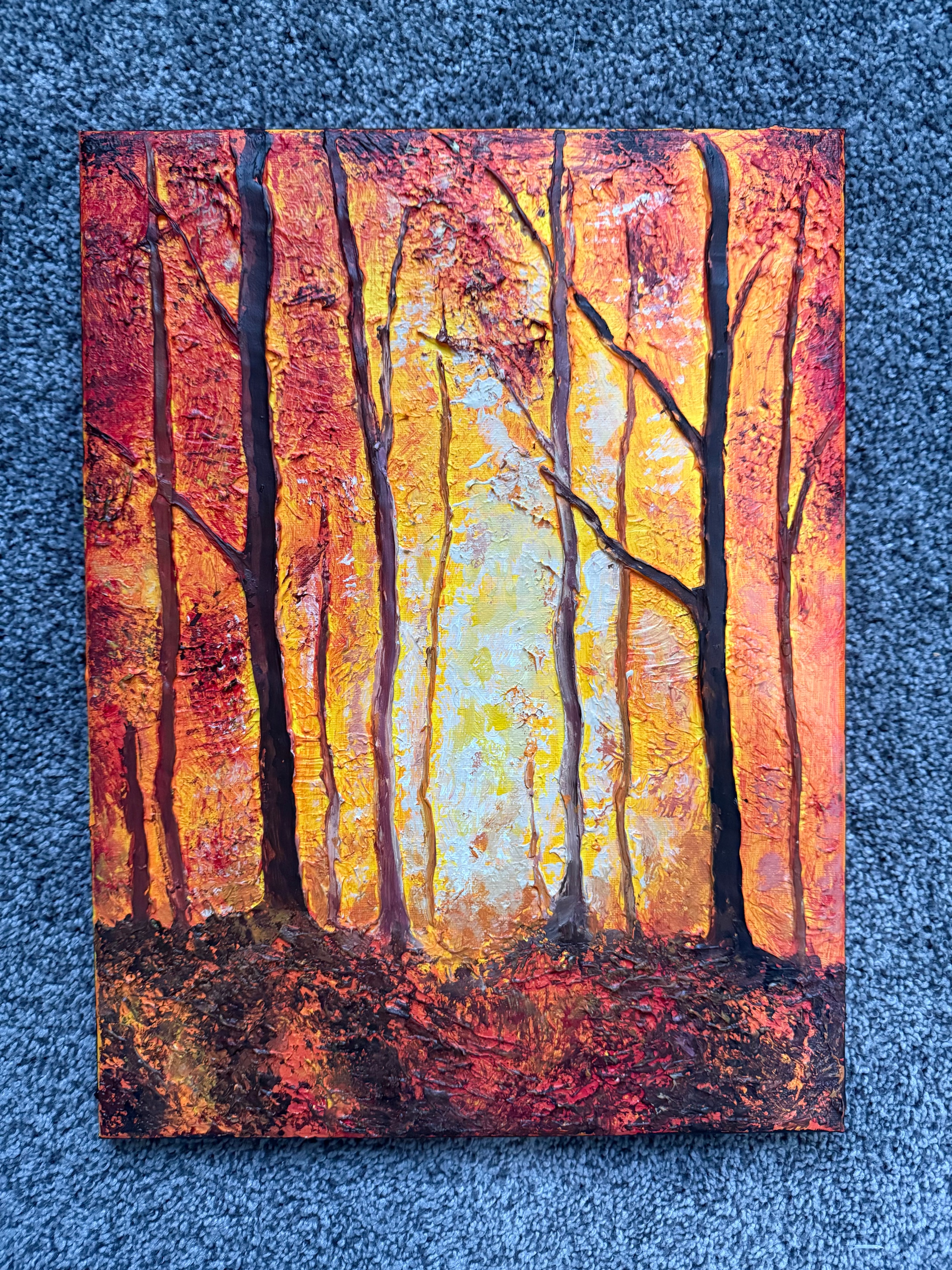 Illuminated Forest — original 14x18 acrylic painting by Jay the Painter, Akron Ohio. Glowing forest scene with warm light breaking through tree canopy, caulk texture.