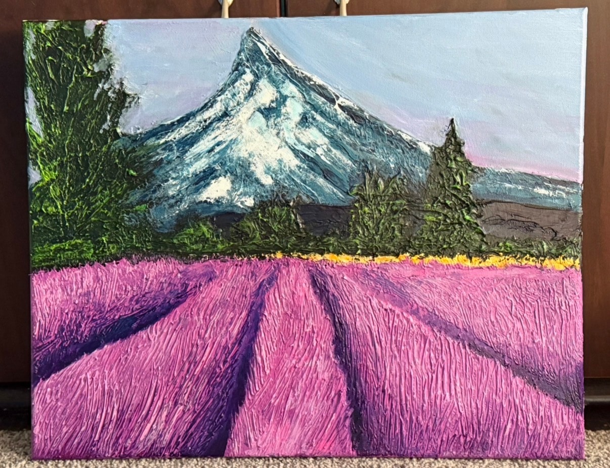 Lavender Mountain — original 18x14 caulk art painting by Jay the Painter, Akron Ohio. Snow-capped mountain over lavender fields with 3D caulk texture technique.