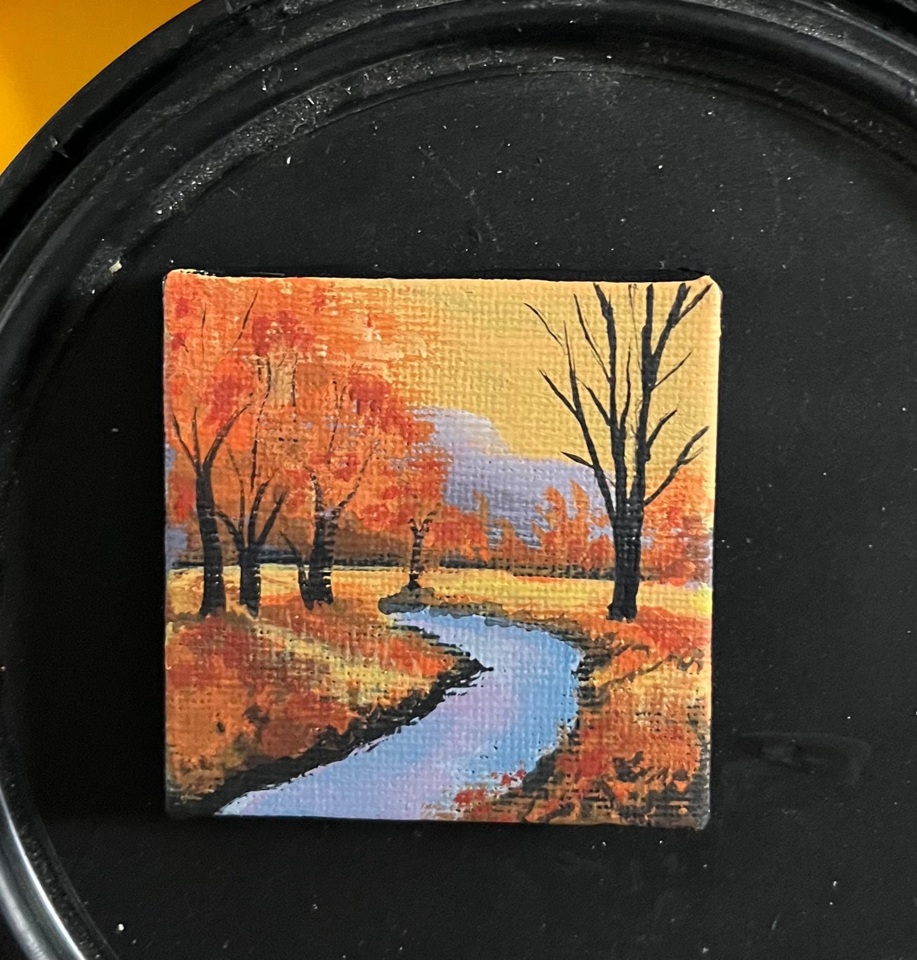Mini Fall — original 2.44 inch caulk texture mini painting by Jay the Painter, Akron Ohio. Warm autumn landscape in orange red gold dimensional caulk texture. SOLD.