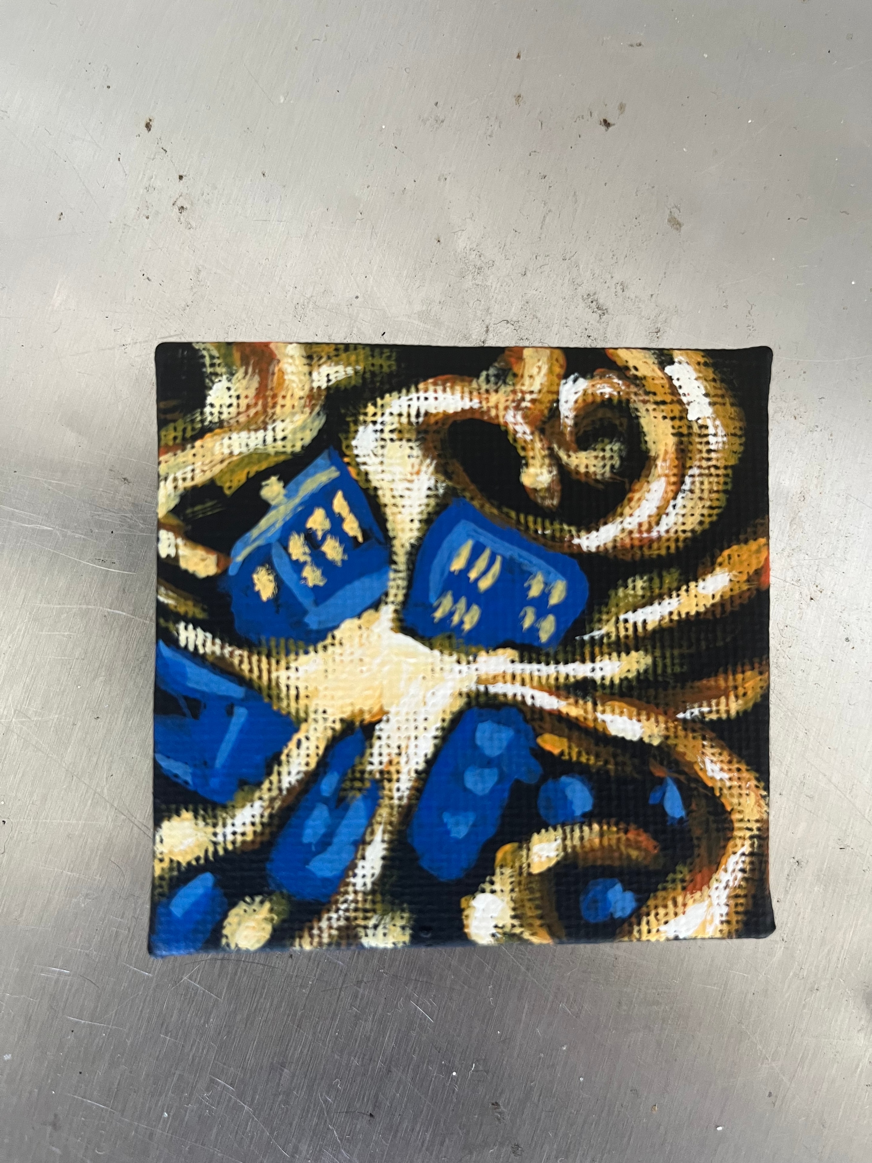 Mini TARDIS — original 2.44 inch caulk texture mini painting by Jay the Painter, Akron Ohio. Four blue TARDIS police boxes on swirling gold black dimensional caulk texture background. SOLD.