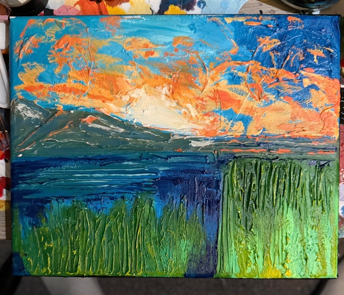 Mountain Lake Fire Sky — original caulk art painting by Jay the Painter, Akron Ohio