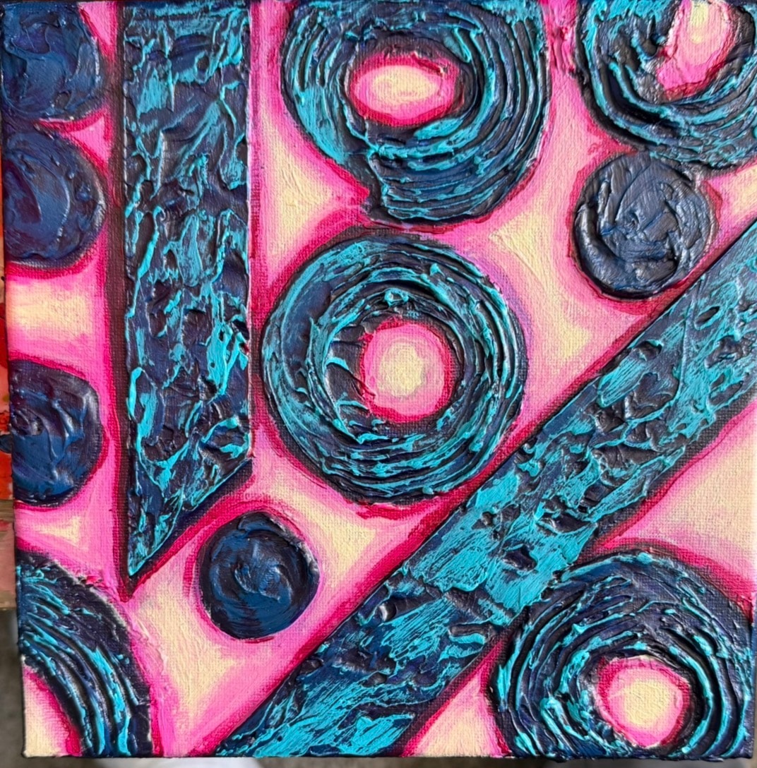 Neon Vortex — original 8x8 caulk art abstract painting by Jay the Painter, Akron Ohio. Bold neon pink and cyan swirling circles with 3D caulk texture technique.