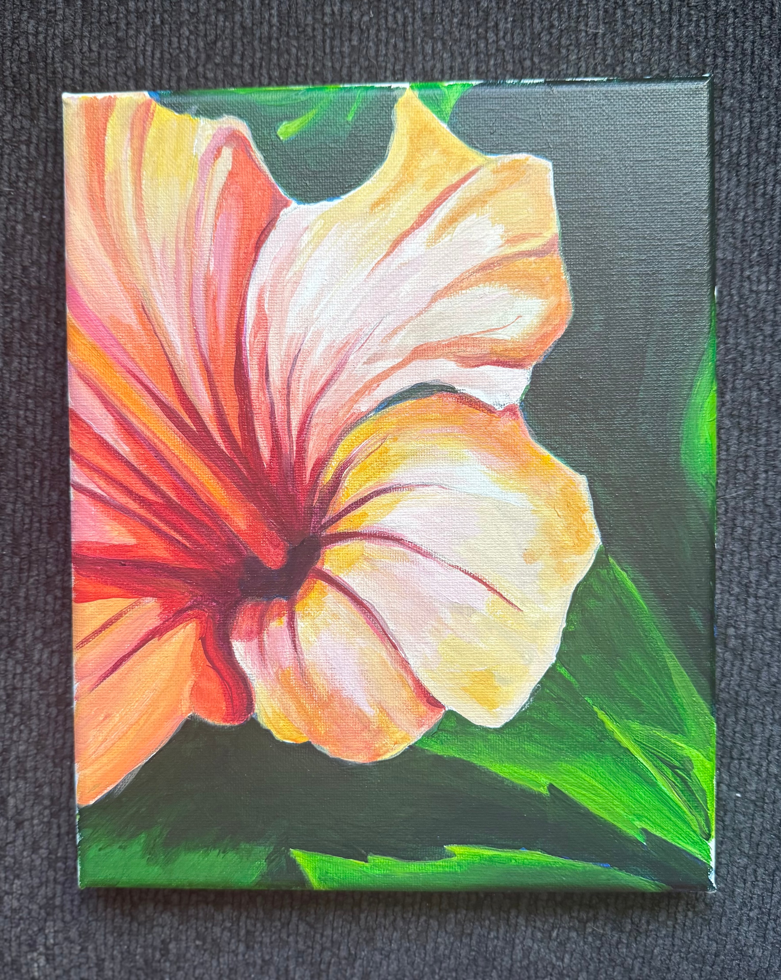 Peach Hibiscus — original 8x10 acrylic painting by Jay the Painter, Akron Ohio. Warm peach and coral hibiscus petals radiating from a rich deep center.