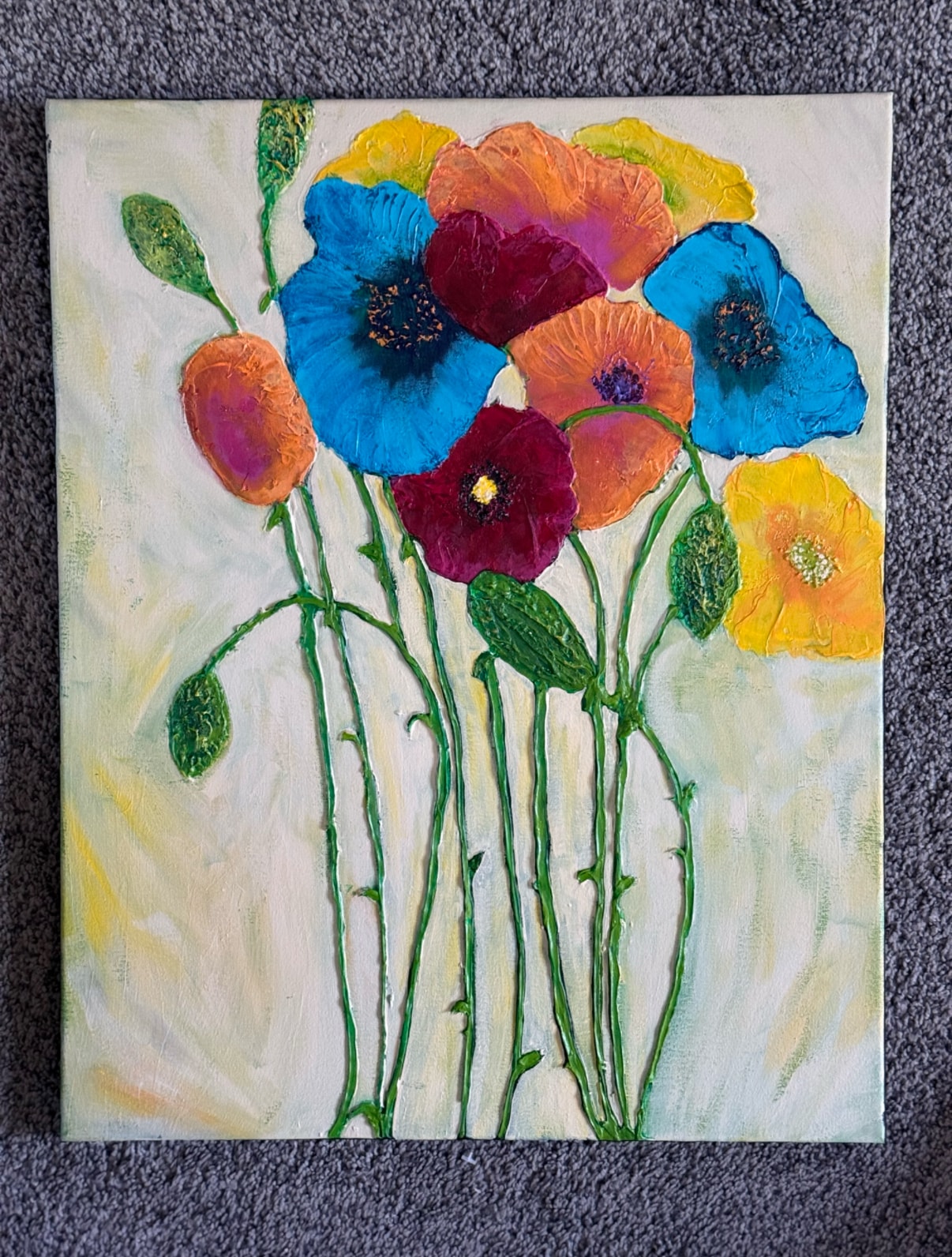 Poppies — original 14x18 acrylic painting by Jay the Painter, Akron Ohio. Vibrant bouquet of blue, orange, crimson, and yellow poppies with thick caulk texture.