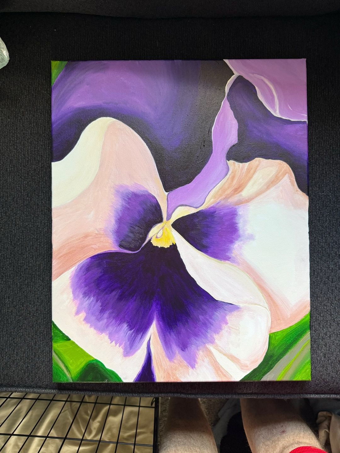 Purple Pansy — original 14x18 acrylic painting by Jay the Painter, Akron Ohio. Deep violet pansy petals fading to blush white with golden center on dark background.