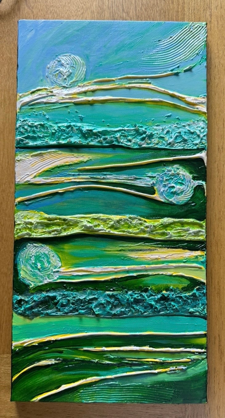 Summer Landscape — original 8x14 inch caulk art painting by Jay the Painter, Akron Ohio. Sweeping summer landscape with thick 3D caulk texture technique, layered greens and warm tones, heavy dimensional ridges and swirling spirals hand-applied.