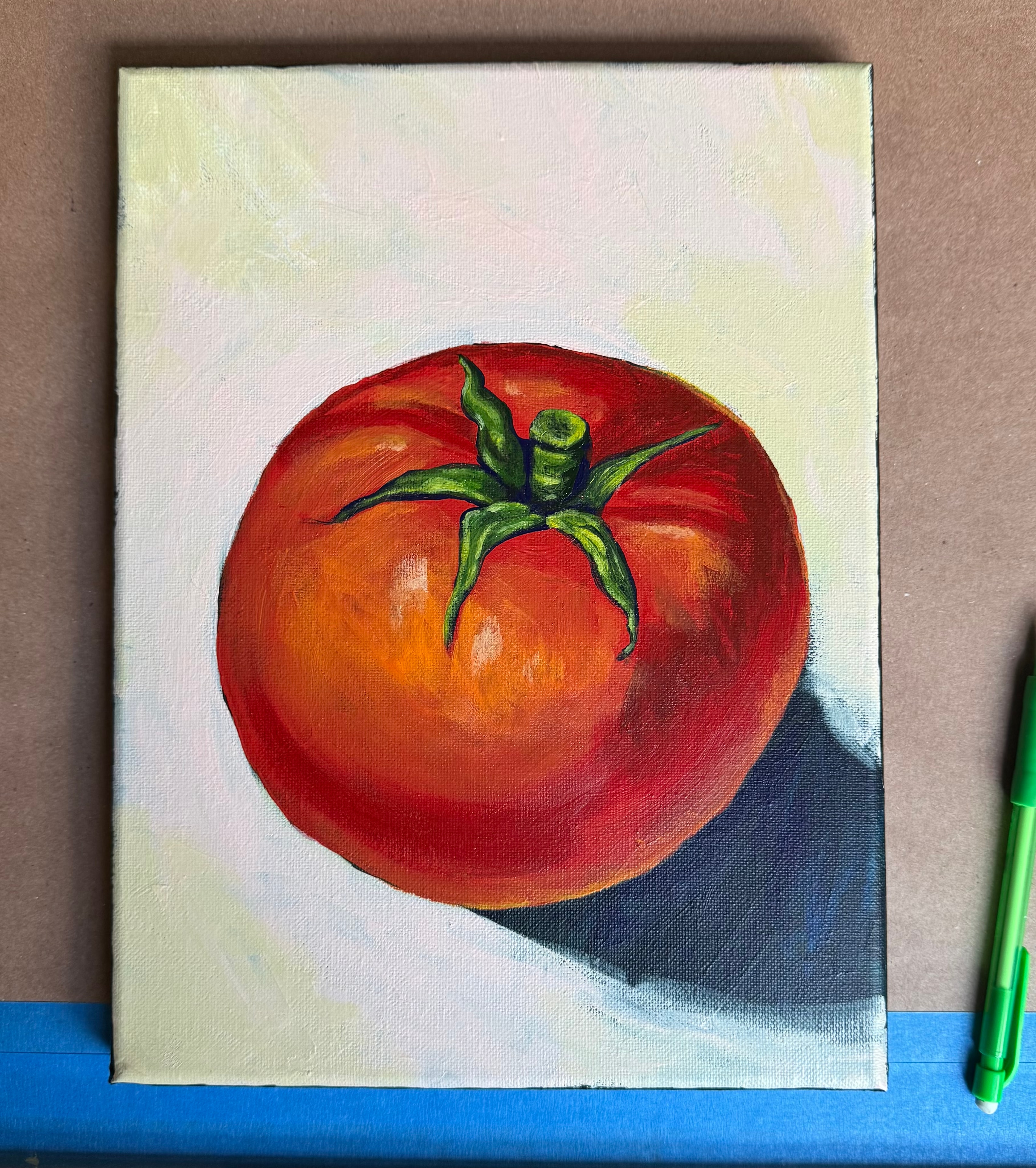The Tomato — original 8x10 acrylic painting by Jay the Painter, Akron Ohio. Bold ripe tomato in deep red and warm orange with green stem, still life original art.