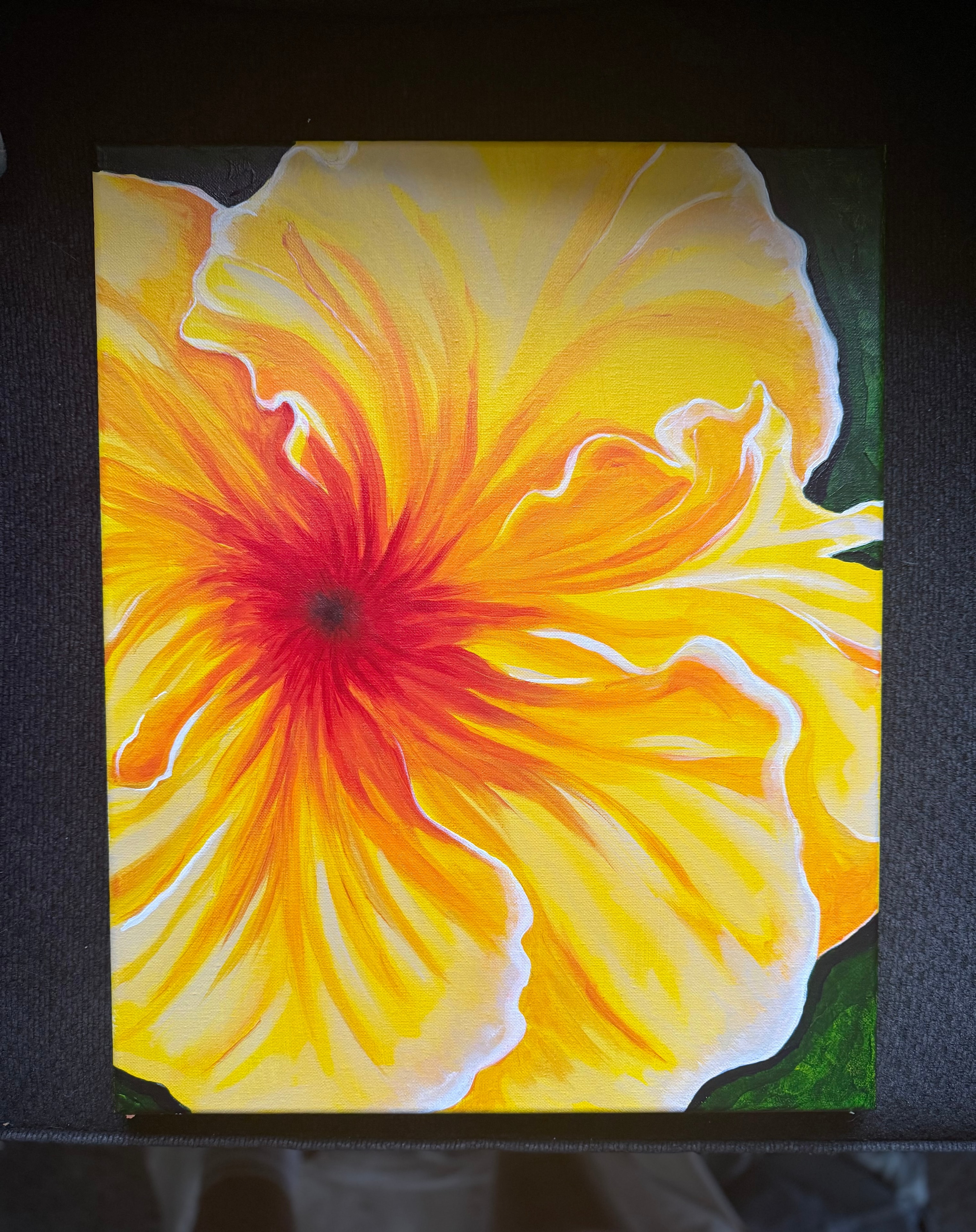 Yellow Hibiscus — original 14x18 acrylic painting by Jay the Painter, Akron Ohio. Golden yellow hibiscus petals with deep crimson orange center, bold white highlights.