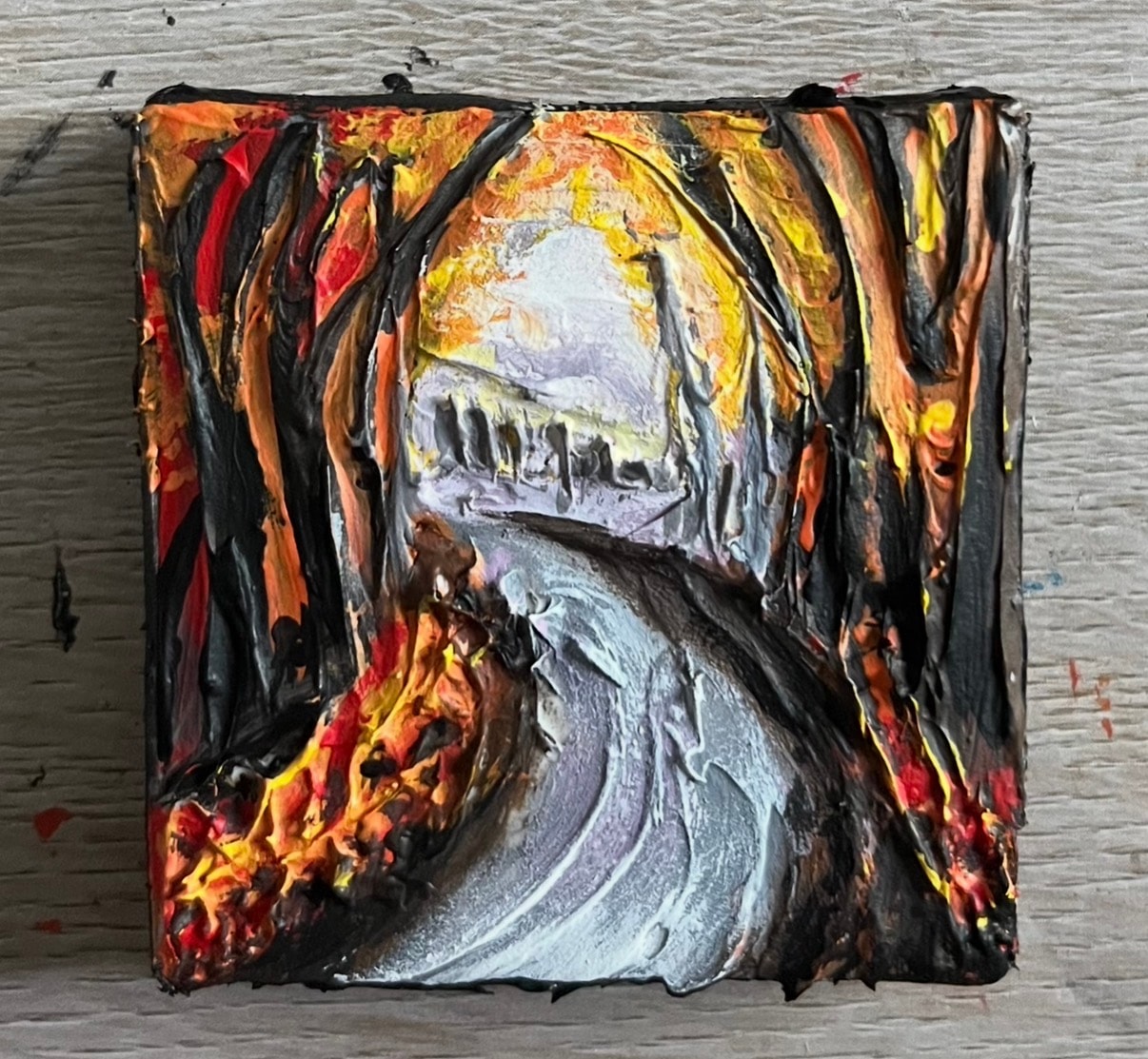 Autumn Fire Road — $40 original caulk art mini painting by Jay the Painter, ships free to Canton Ohio