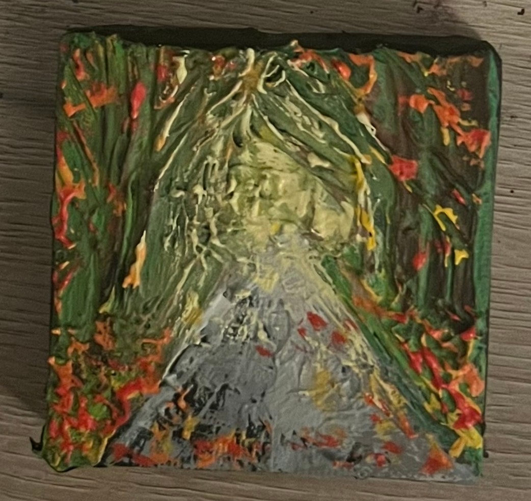 Autumn Tunnel Path — $40 original caulk art mini painting by Jay the Painter, ships free to Cleveland Ohio