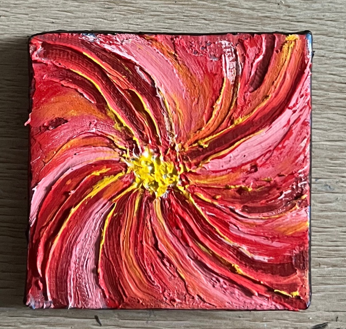 Crimson Swirl Bloom — $40 original caulk art mini painting by Jay the Painter, ships free to Cincinnati Ohio