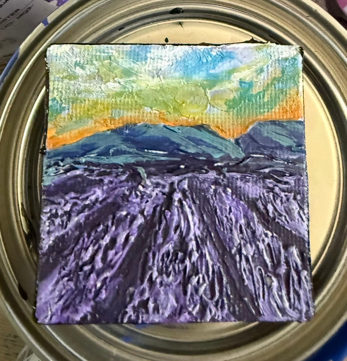 Lavender Mountain Mini — $40 original caulk art mini painting by Jay the Painter, ships free to Dayton Ohio