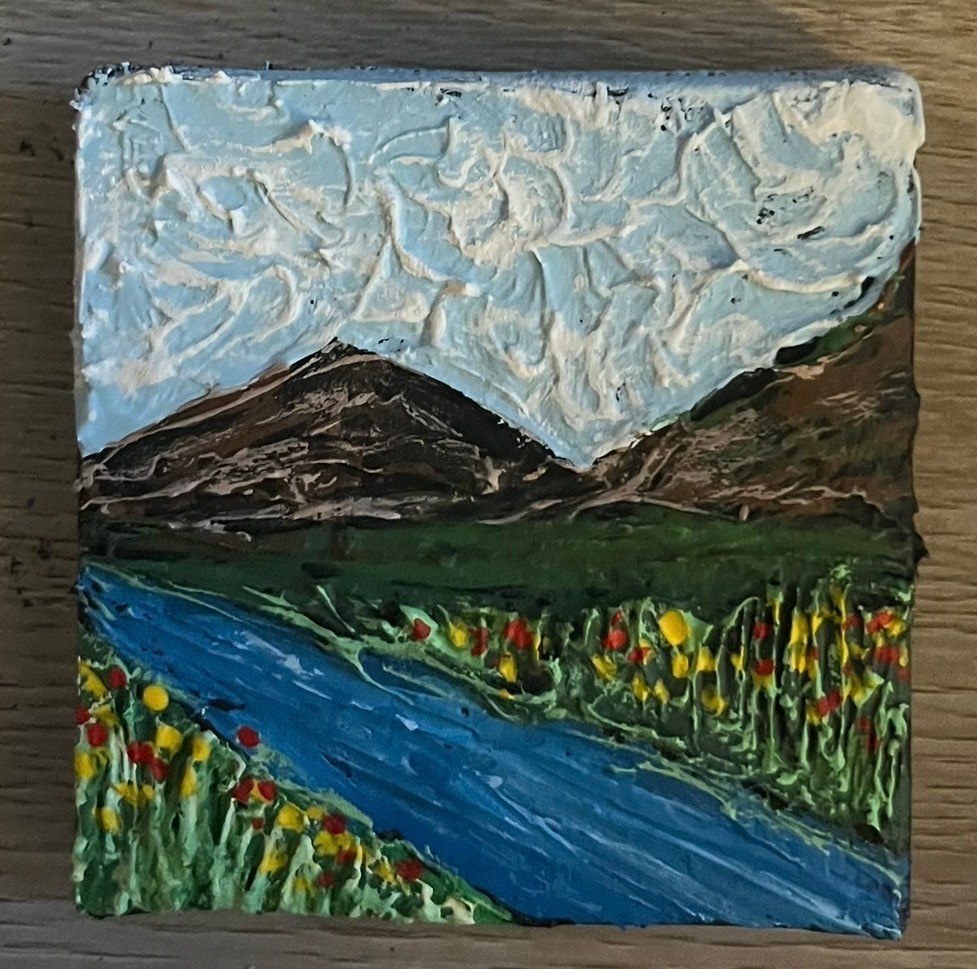 Mountain River with Wildflowers — $40 original caulk art mini painting by Jay the Painter, ships free to Columbus Ohio