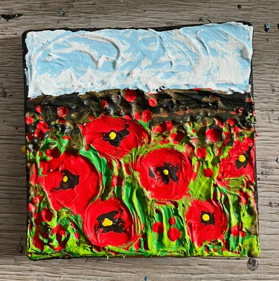 Poppy Field Under Open Sky — $40 original caulk art mini painting by Jay the Painter, ships free to Cleveland Ohio