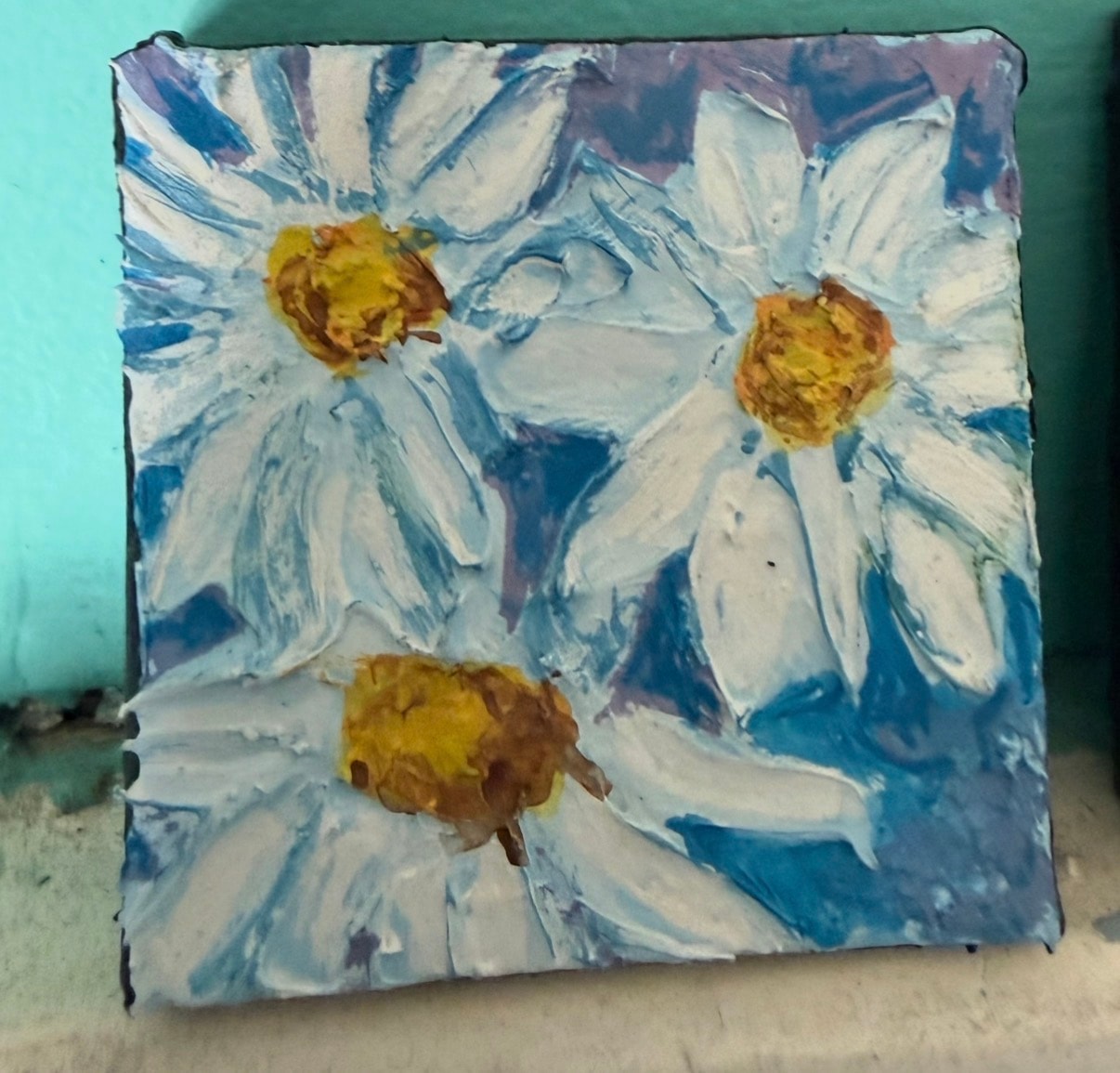Three Daisies on Blue — $40 original caulk art mini painting by Jay the Painter, ships free to Dayton Ohio