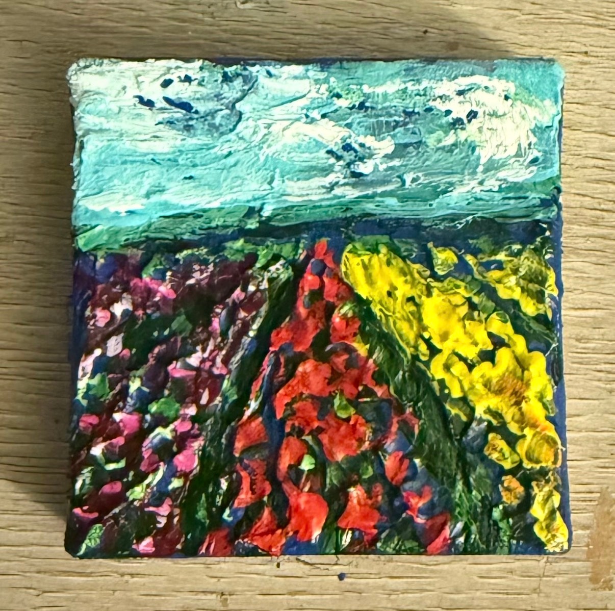 Wildflower Field Under Turquoise Sky — $40 original caulk art mini painting by Jay the Painter, ships free to Columbus Ohio