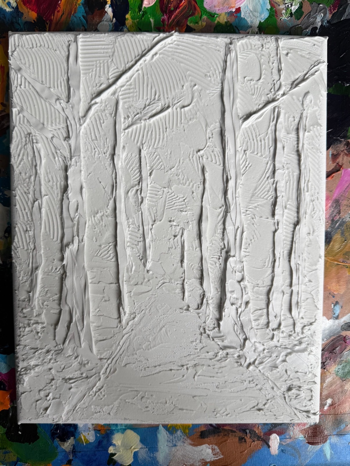 Blue Forest Path stage 2 — forest composition fully sculpted in white caulk, trees and path clearly visible