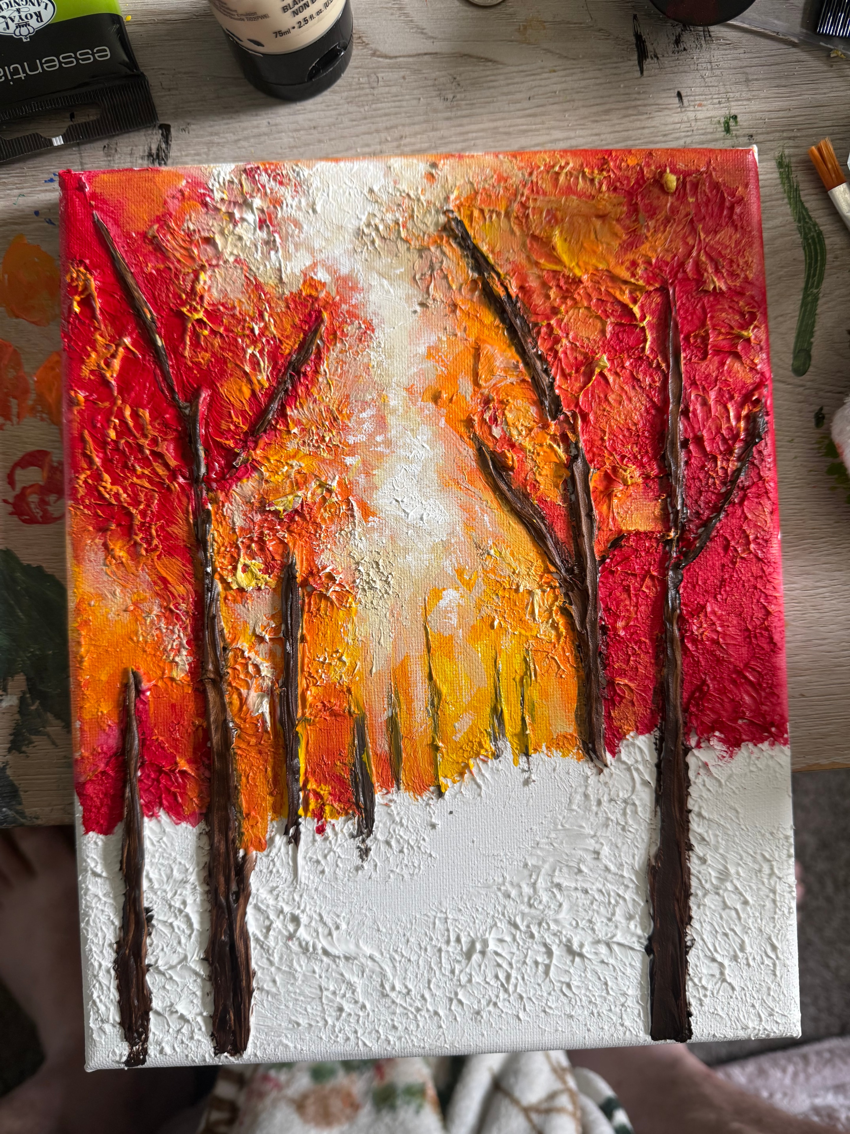 Ohio Autumn caulk art process step 2 — early paint layers applied over dried caulk structure, Jay the Painter Akron Ohio