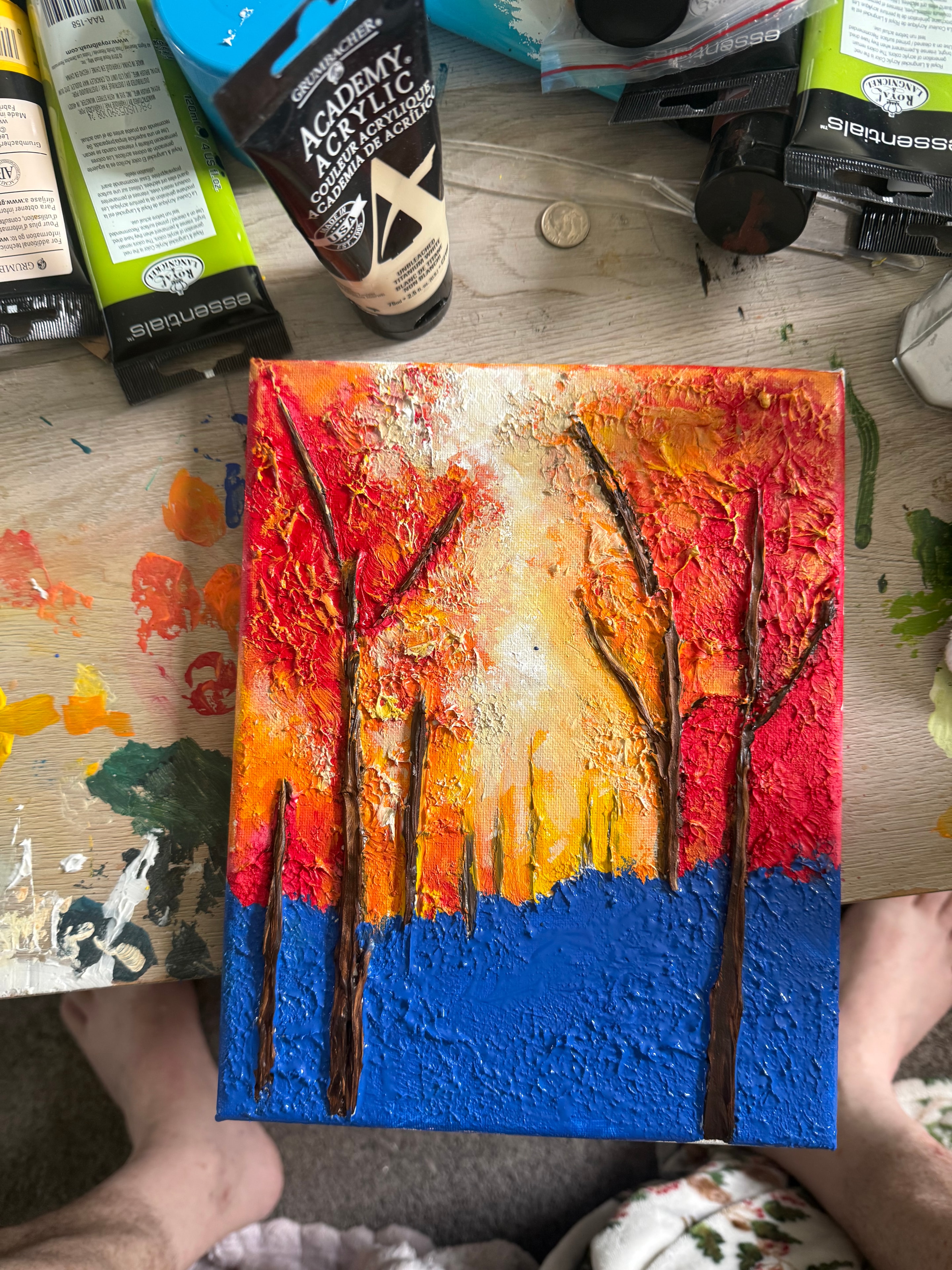 Ohio Autumn caulk art process step 3 — finished painting with full color and texture, Jay the Painter Akron Ohio
